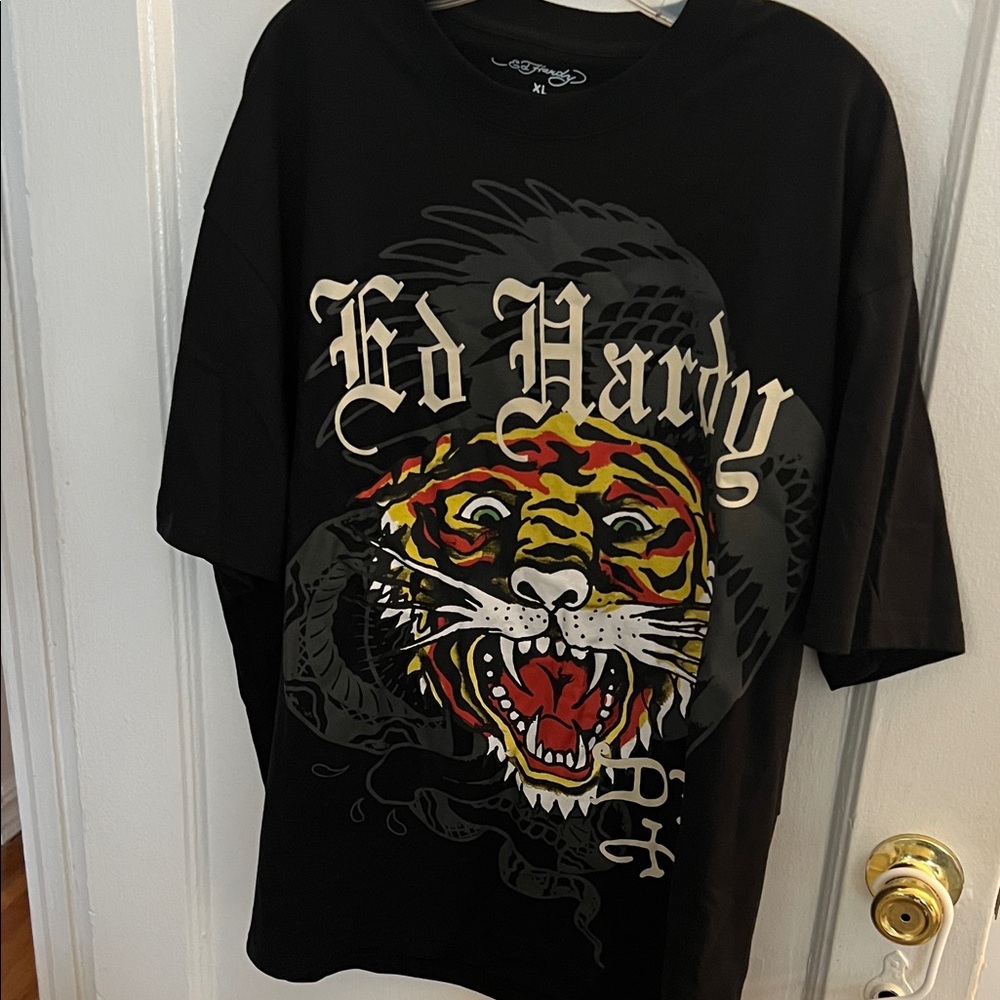 Ed Hardy Black Tee with Tiger and Red Accents
